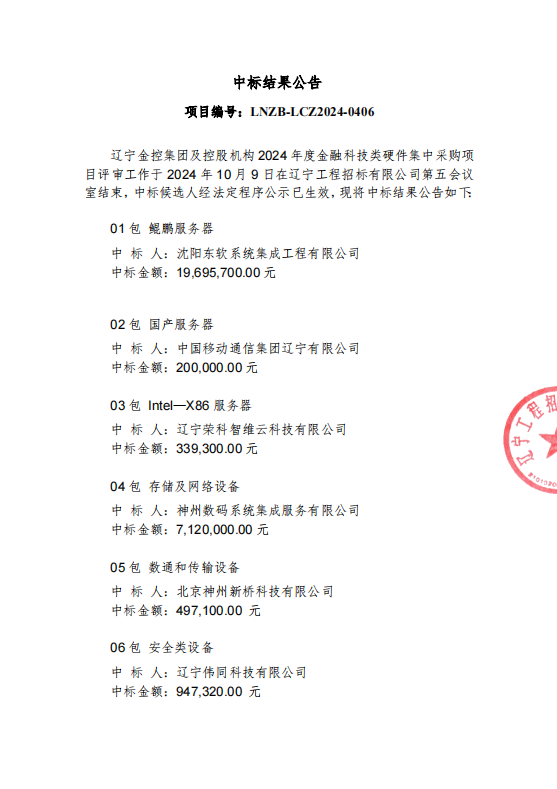 辽宁威廉希尔WilliamHill集团及控股机构2024年度金融科技类硬件集中采购项目了局布告